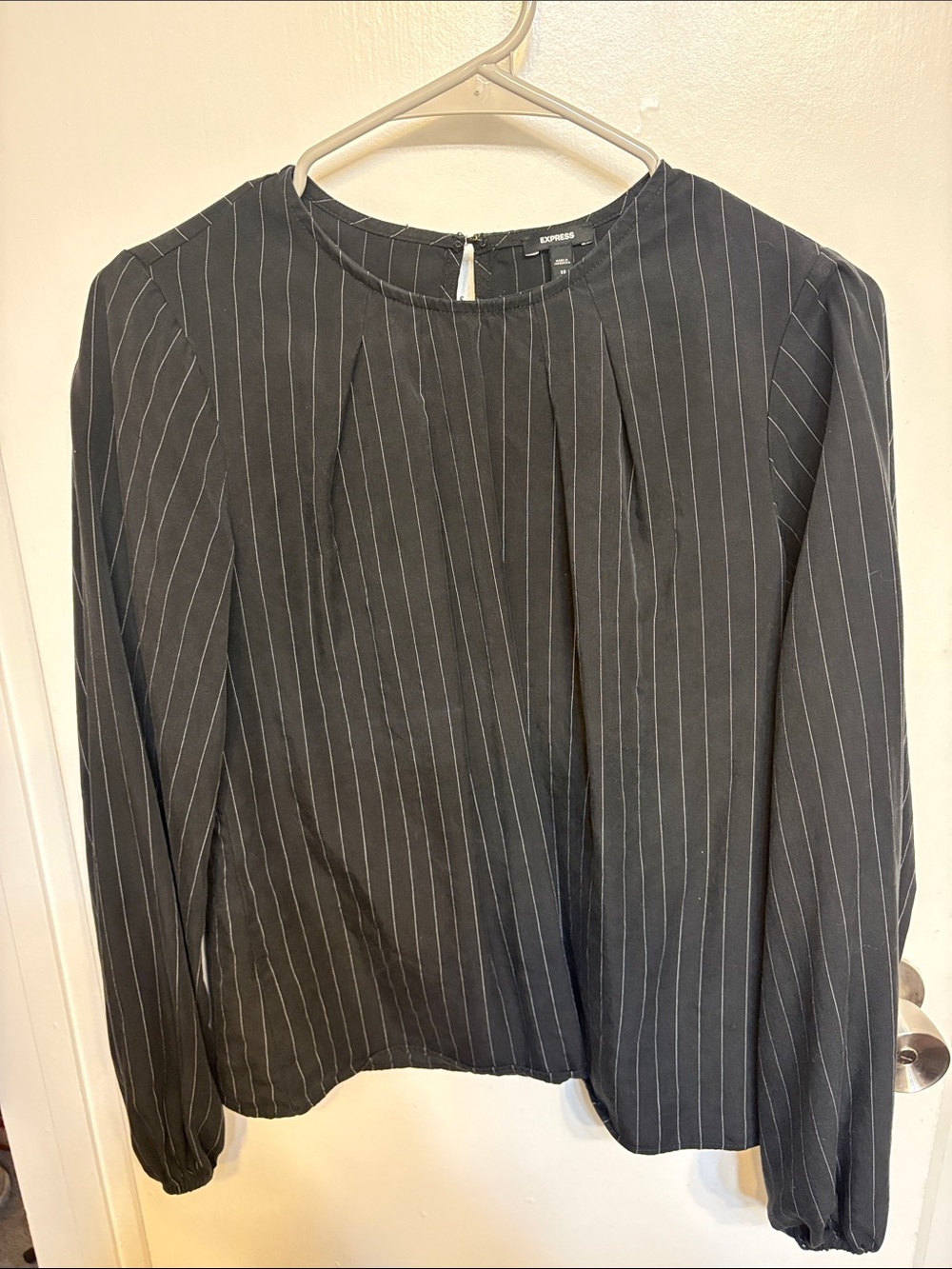 Express Black Pinstripe Pleated Long-Sleeve Blouse